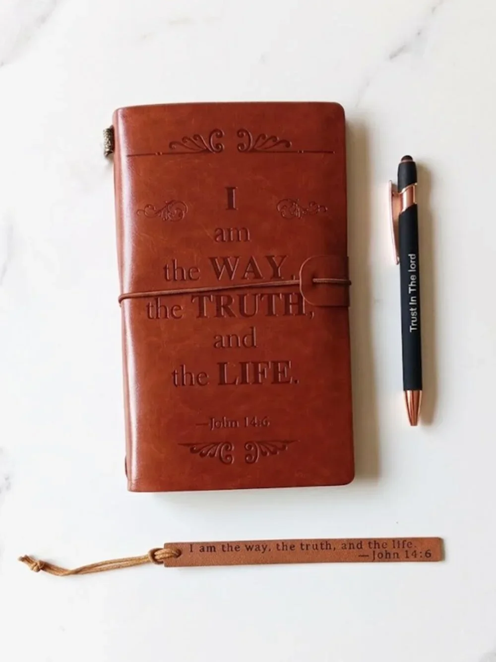 Brown Embossed Leather Journal with Pen Bookmark - John 14:6